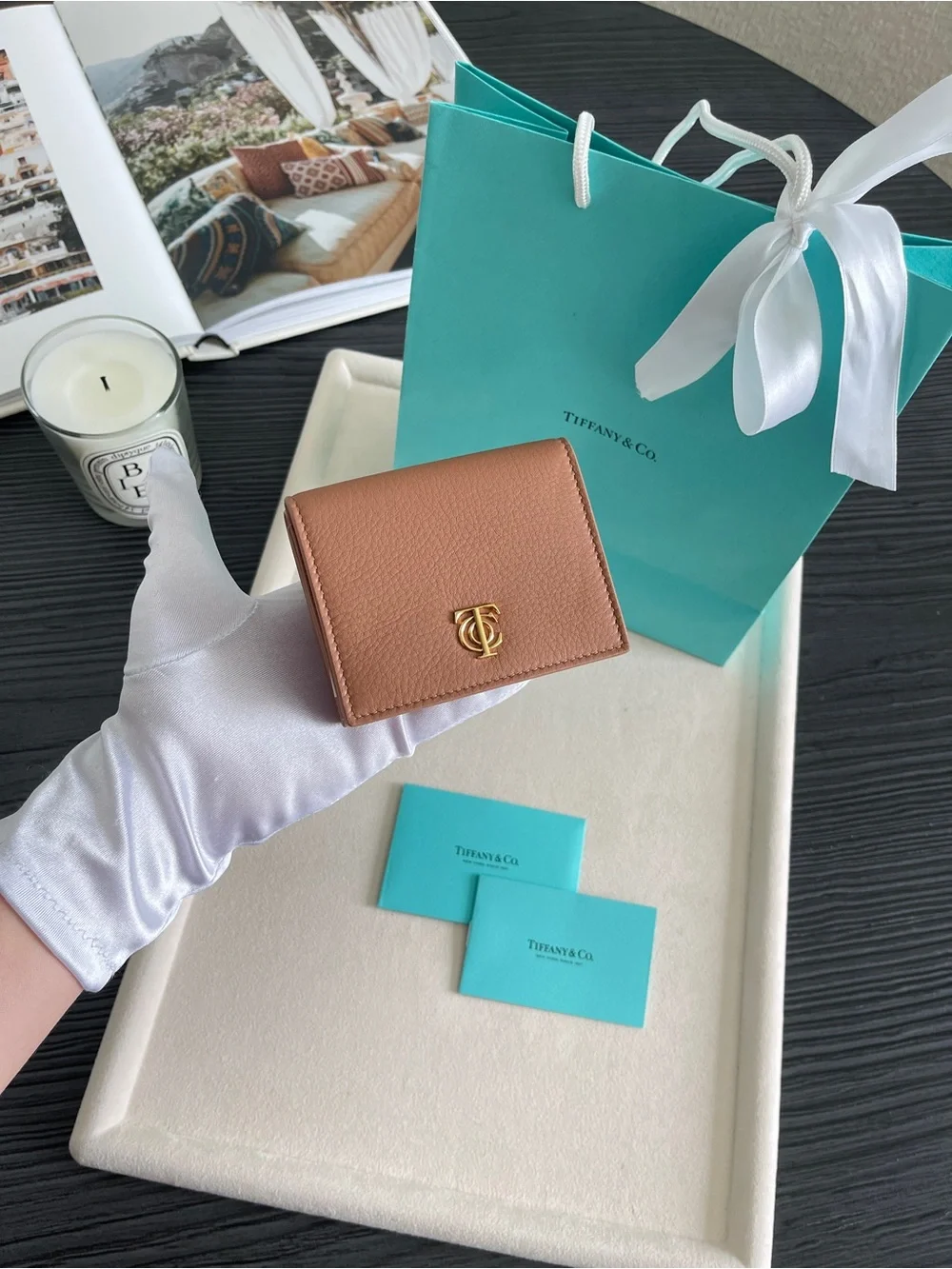 Tiffany & Co. Brown Pebbled Leather Tri-Fold Wallet Gold TC Logo NEW $650